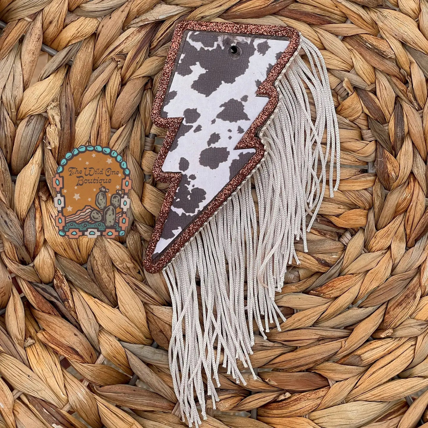 Wholesale Chocolate Cow Print Lightning Bolt Car Freshie (w/ or without fringe)
