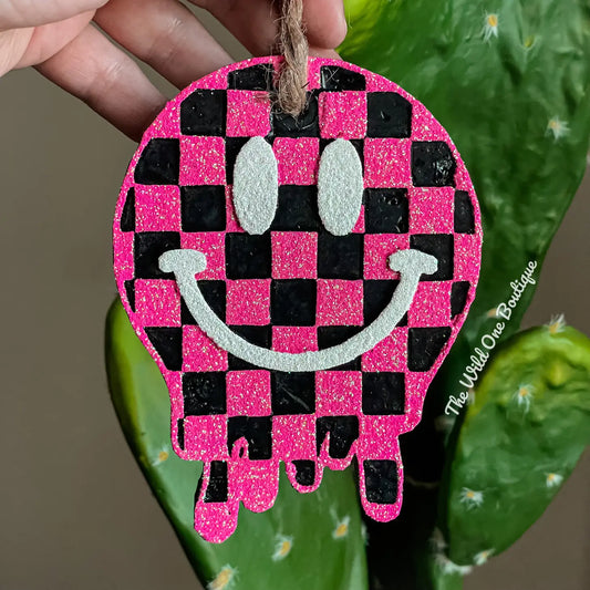 Pink Checkard Smiley Car Freshie