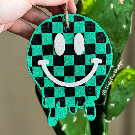 Turquoise Checkard Smiley Car Freshie